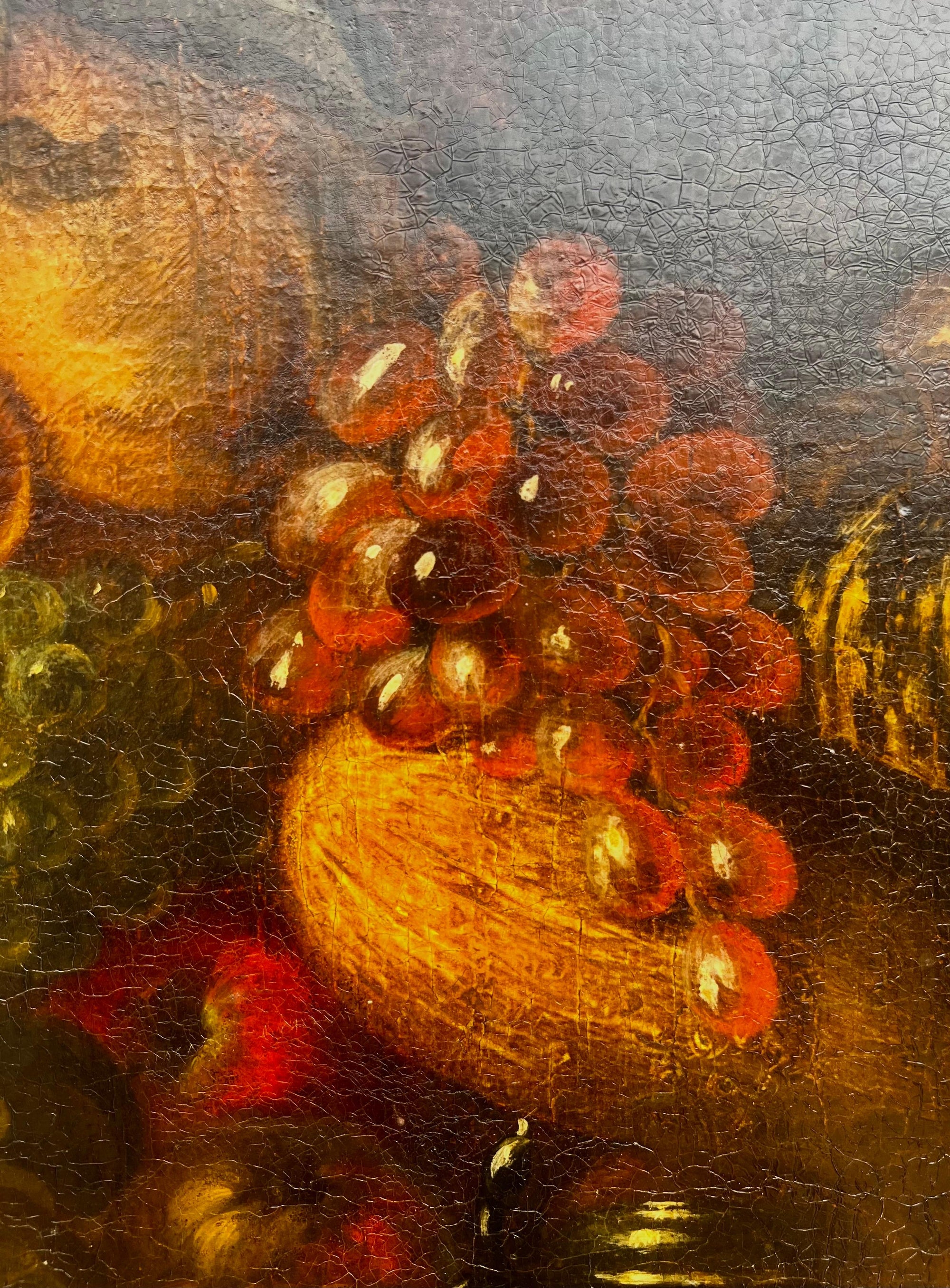 Détail original de la nature morte aux fruits et au singe, école romaine du XVIIe siècle, collection JAD