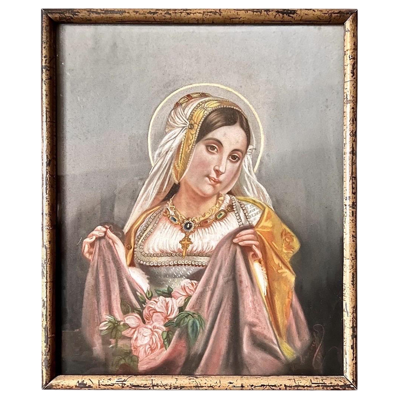 Pastel ancien Le Miracle des roses, dans son cadre doré